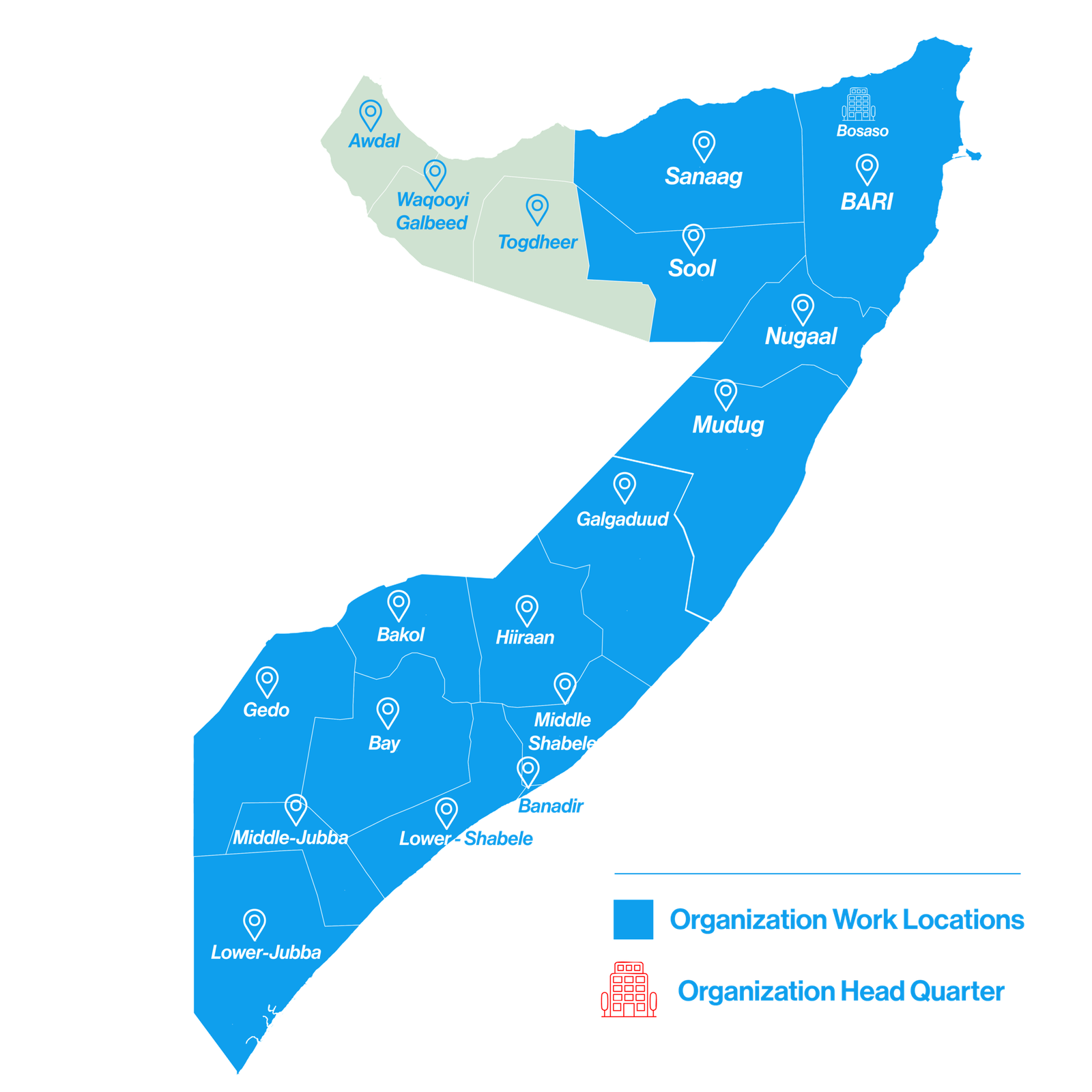 Map of Somalia showing Al-Ta'wun Social Service's regions of operation