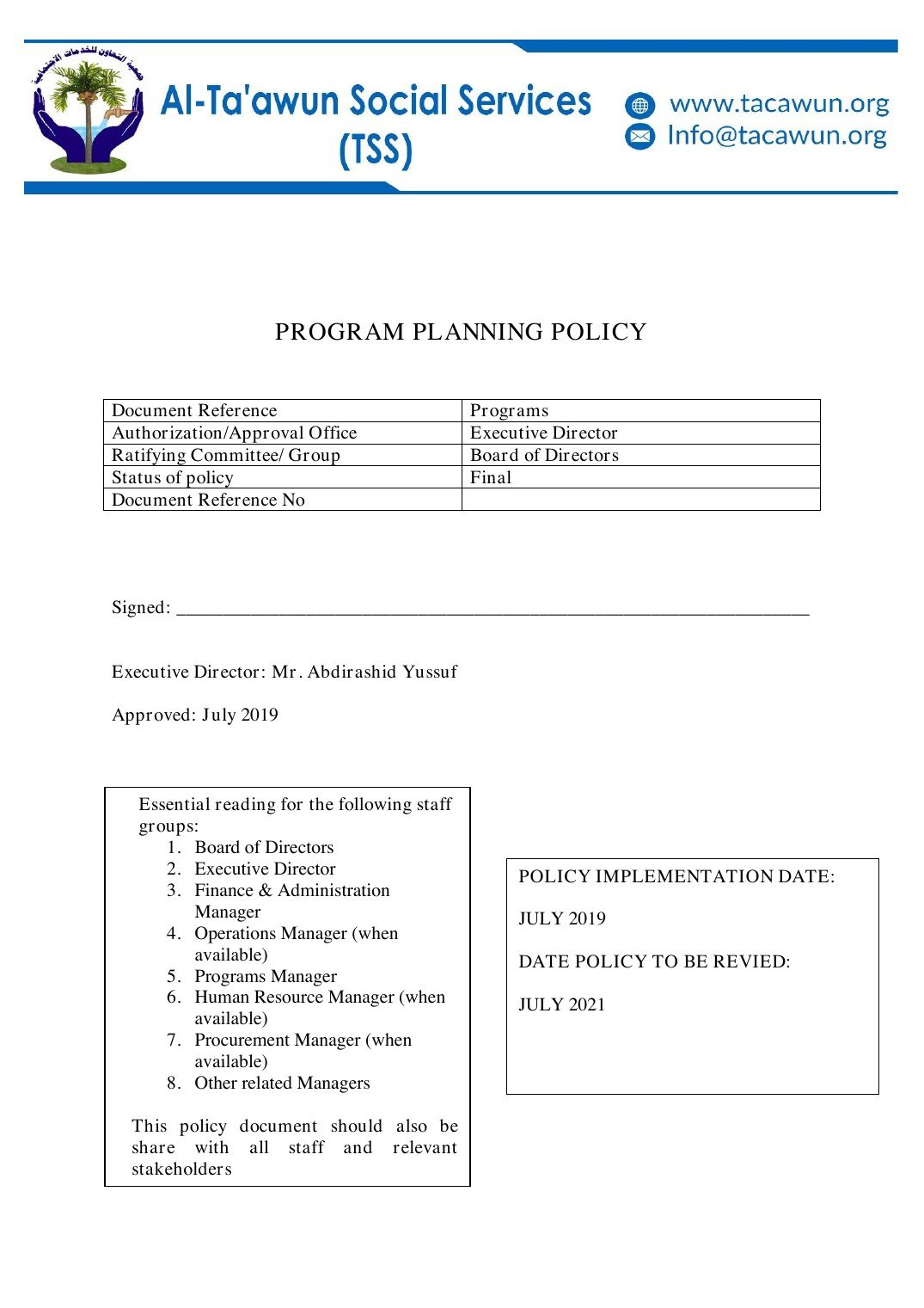 Programme Planning Policy Programme Planning Policy — source document page 1