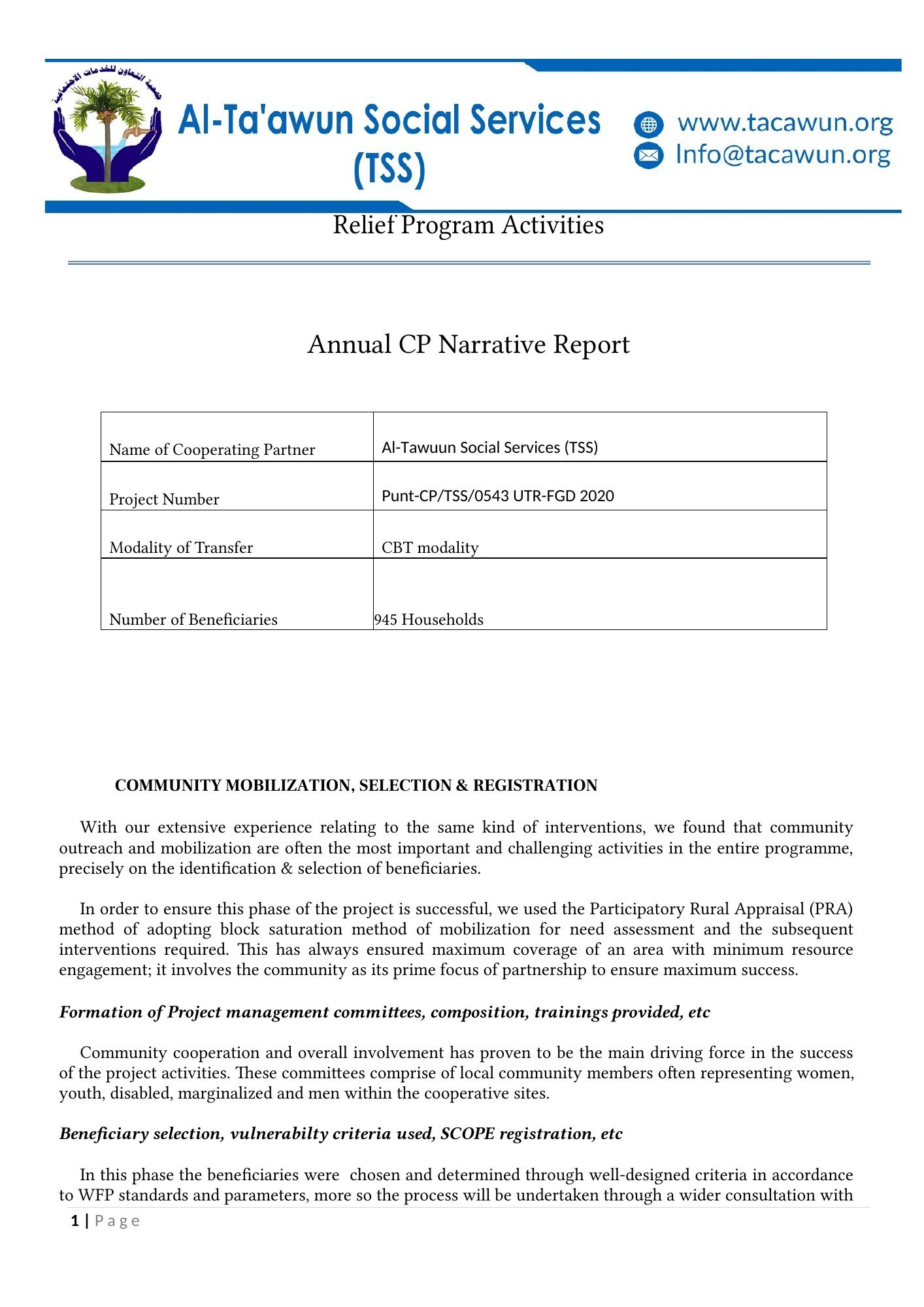 TSS relief programme 2020 — original report page 1