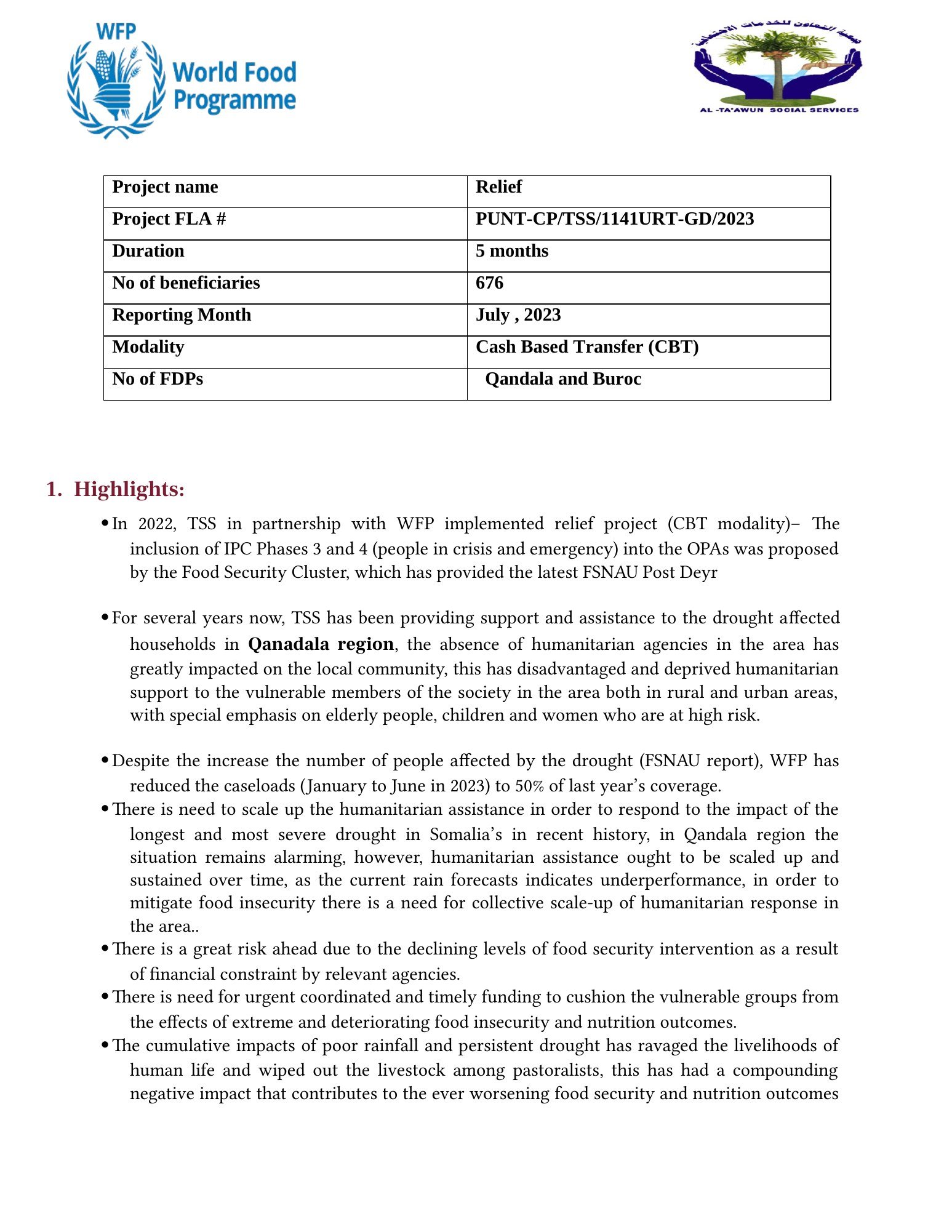 TSS July 2023 relief report — page 1
